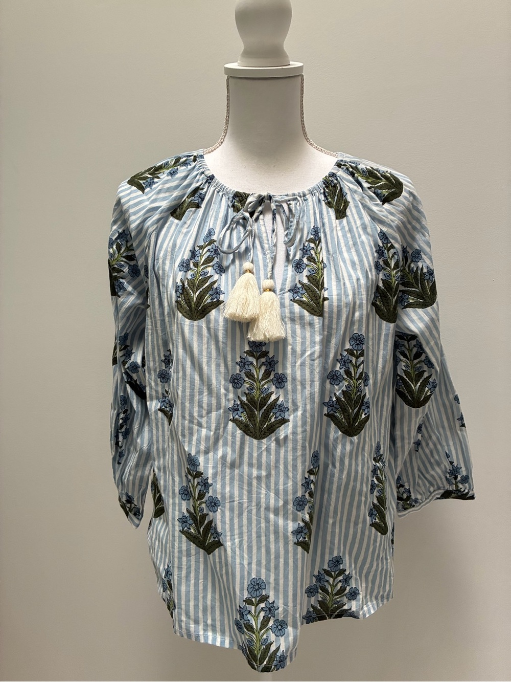 THML Blue and Cream Striped Floral Peasant Blouse - Picture 2 of 4